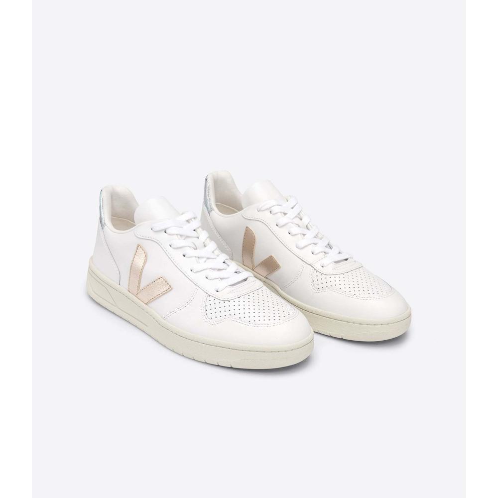 Veja V-10 LEATHER Women's Sneakers White/Silver | NZ 650DFM